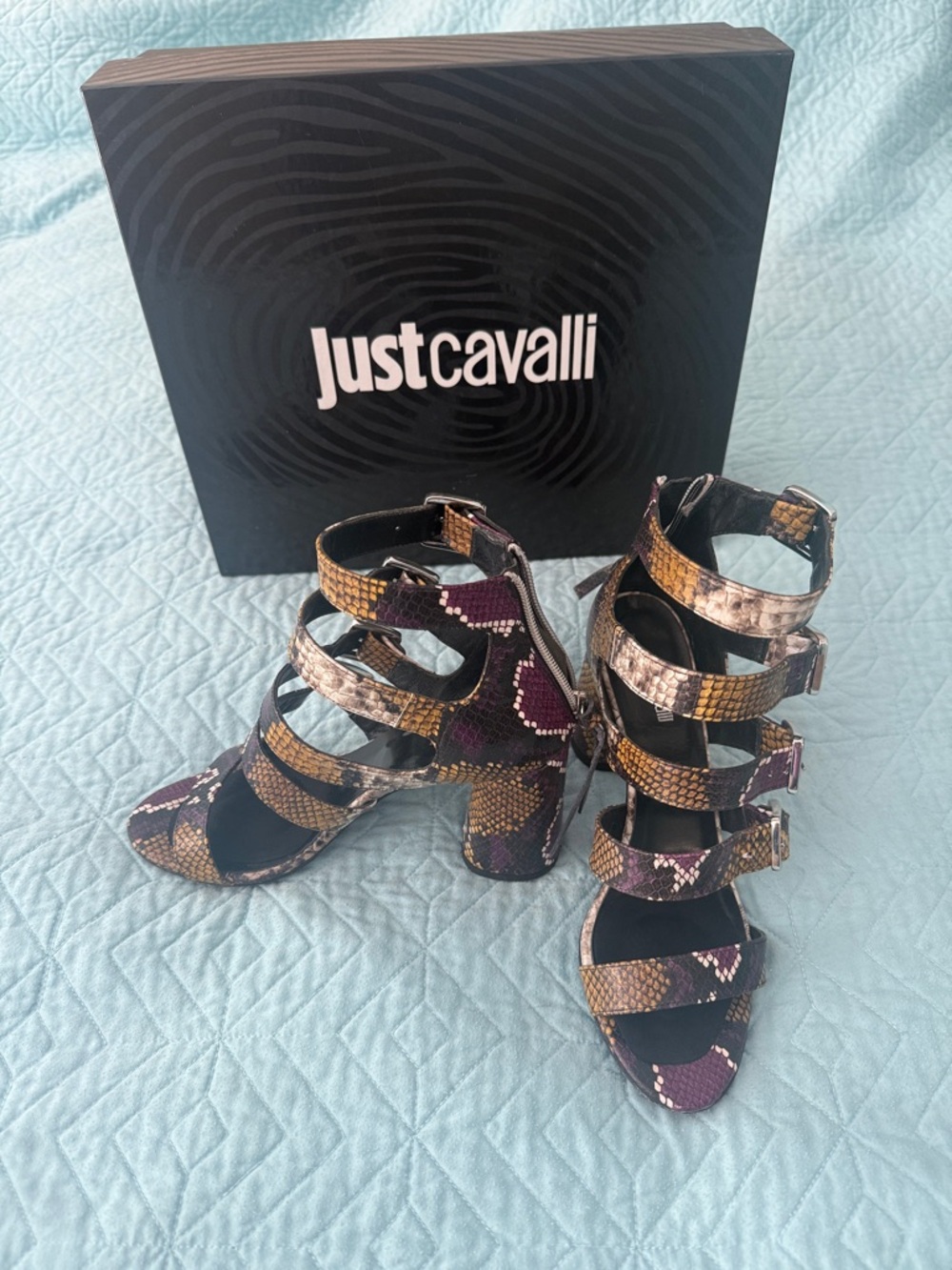 Just Cavalli Purple and Brown Snake-Print Strappy Block 3.5” Heel Sandals sz8